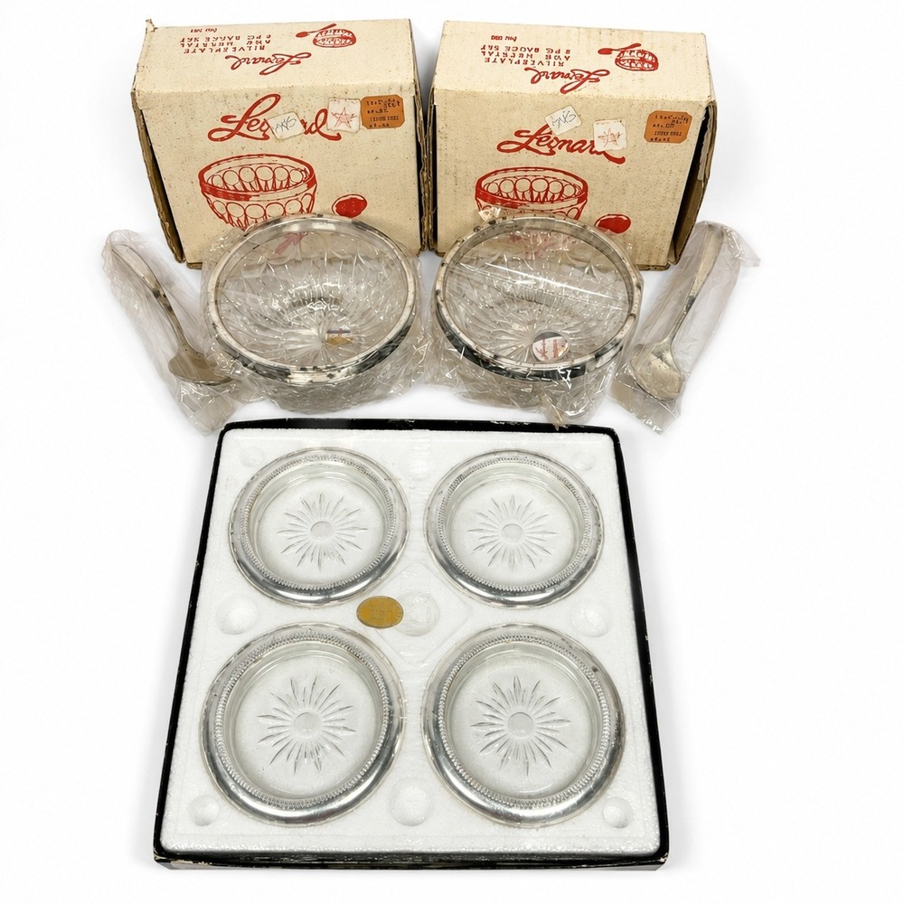 2 VTG LEONARD SILVER 351 Silverplate Crystal Sauce Set & Coaster Set Italy 1980